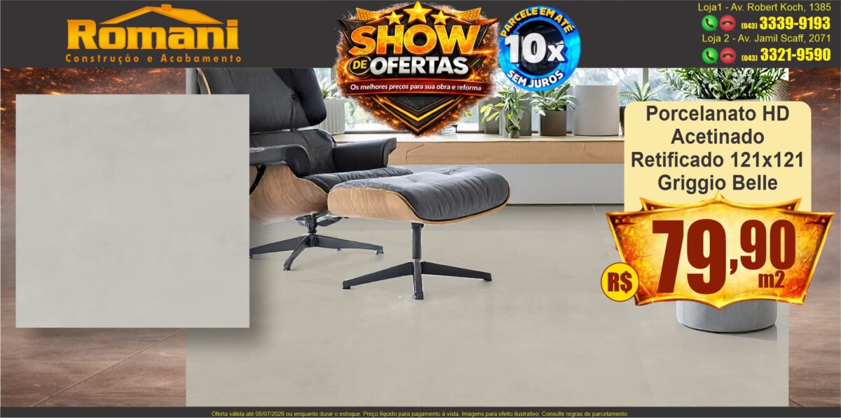 Gr_porcelanato retificado hd acetinado 121x121 120x120 griggio belle ceral show de oferta promocao barato romani