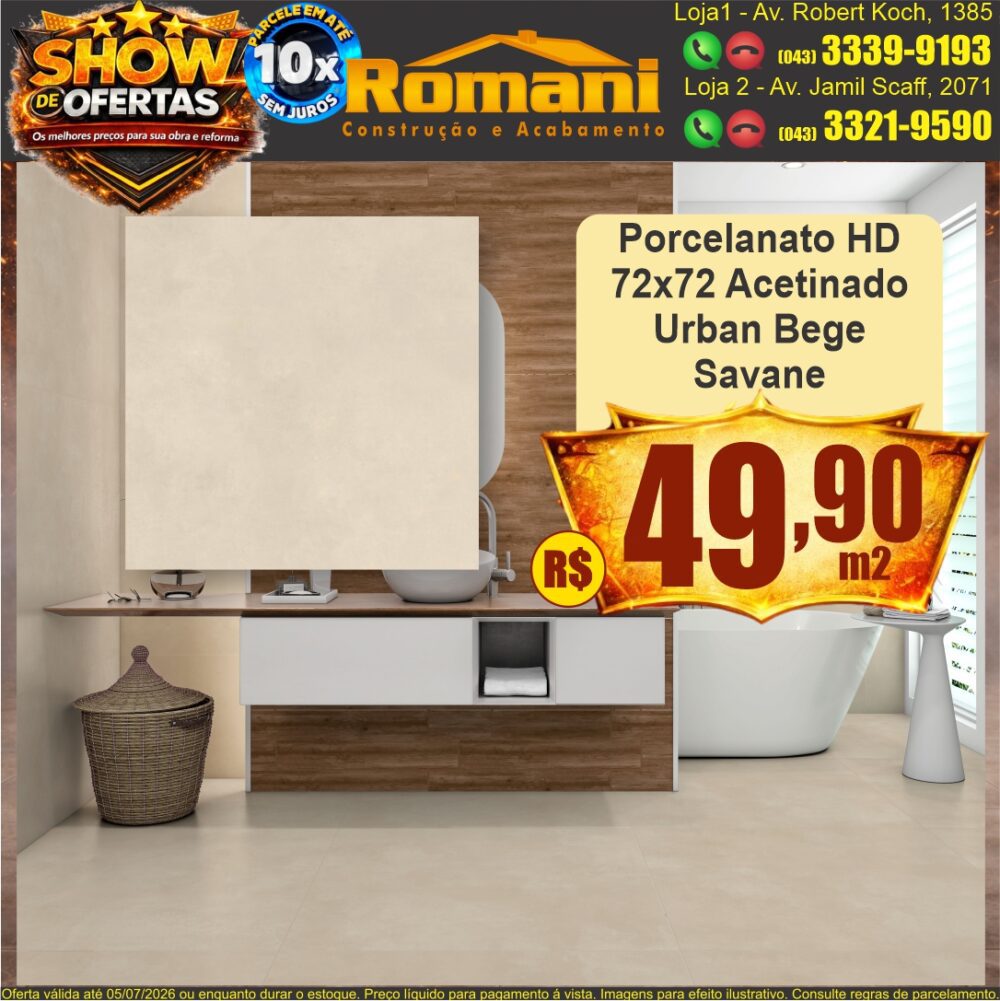 porcelanato 72x72 acetinado hd cimenticio urban bege savane - show de oferta promocao barato romani