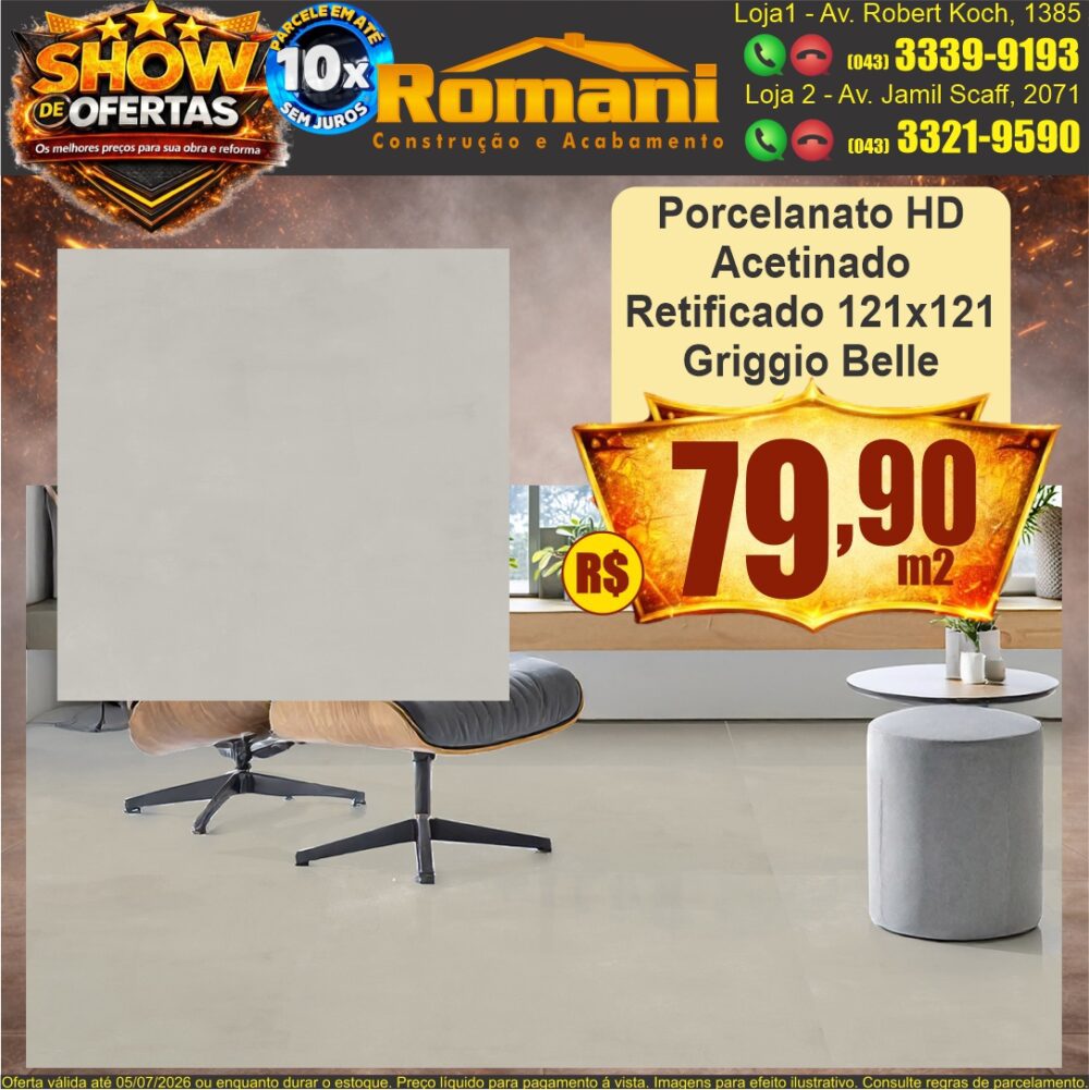 porcelanato retificado hd acetinado 121x121 120x120 griggio belle ceral show de oferta promocao barato romani