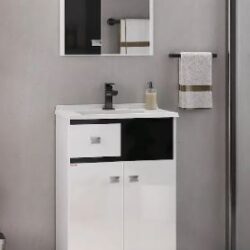 KIT (ESPELHEIRA/CUBA/ARMÁRIO) POP 60CM COM PÉS BRANCO/ PRETO FABRIBAM