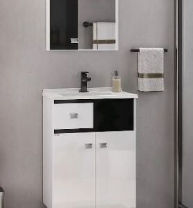 KIT (ESPELHEIRA/CUBA/ARMÁRIO) POP 60CM COM PÉS BRANCO/ PRETO FABRIBAM