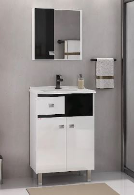 KIT (ESPELHEIRA/CUBA/ARMÁRIO) POP 60CM COM PÉS BRANCO/ PRETO FABRIBAM