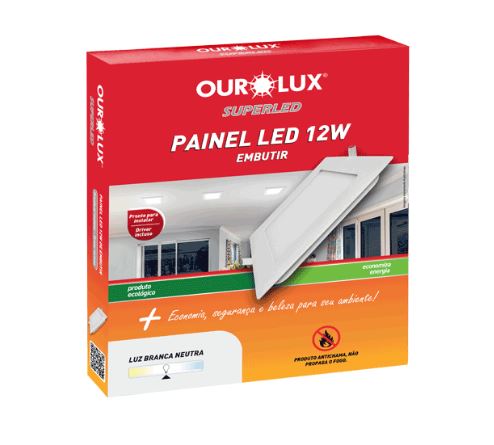 PAINEL LED QUAD EMBUTIR 12W 2700K BIVOLT OUROLUX 03209A