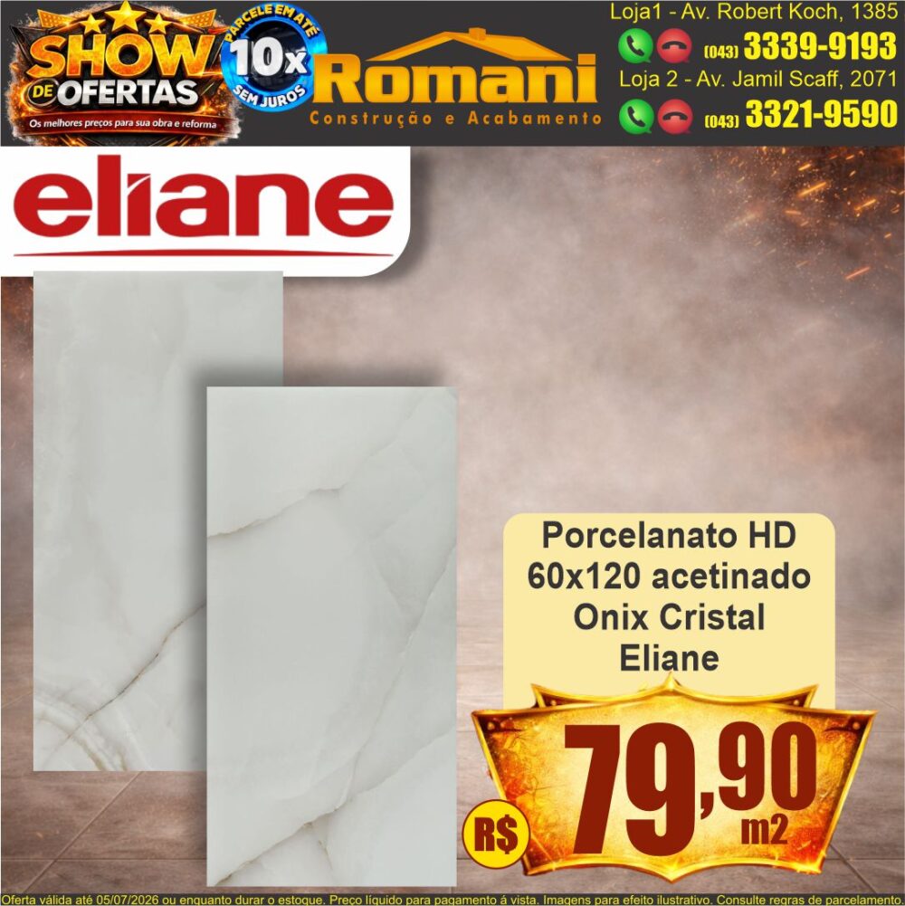 porcelanato polido 60x120 onix cristal eliane show de oferta promocao