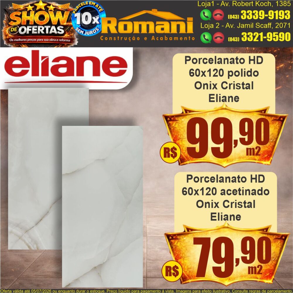 porcelanato polido ou acetinado 60x120 onix cristal eliane show de oferta promocao