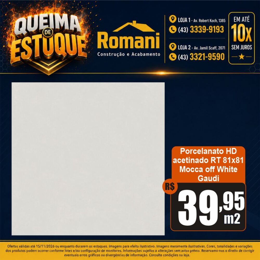 porcelanato MOCCA OFF WHITE 81X81 GAUDI queima de estoque em londirna