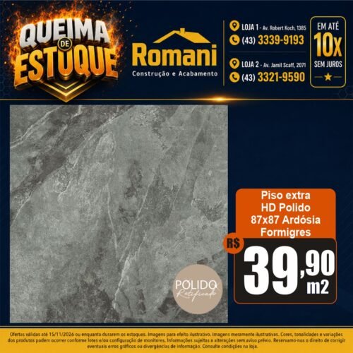 PISO ARDOSIA POLIDO 87X87 FORMIGRES 2,27MT*