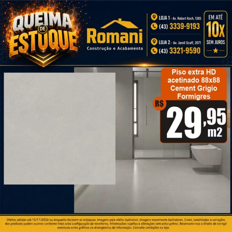 PISO CEMENT GRIGIO MATE ACETINADO 88X88 FORMIGRES (2,32)*