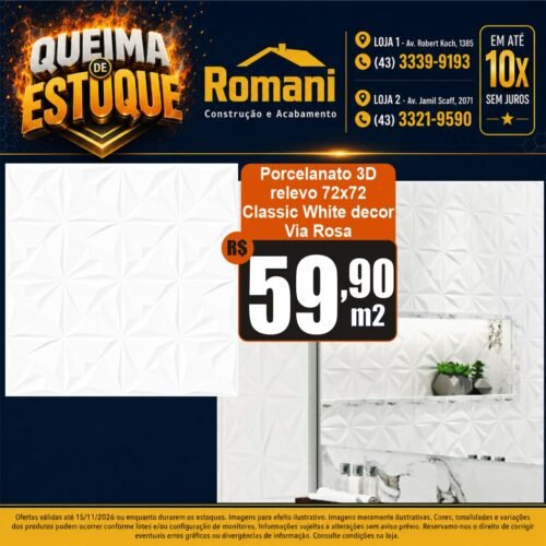 PORCELANATO ACETINADO RELEVO WHITE DECOR 72X72 VIA ROSA (1,55)