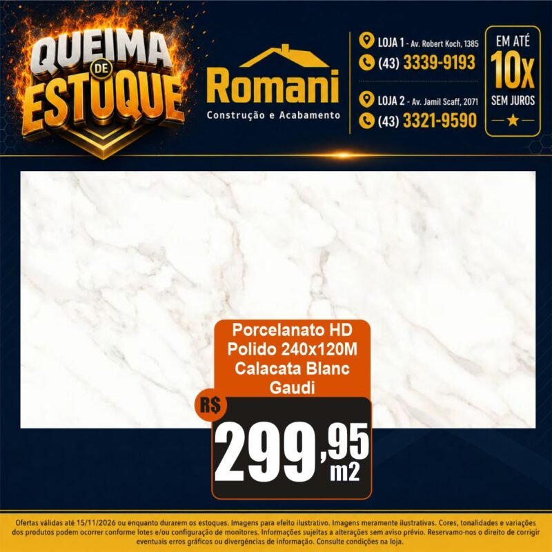 PORCELANATO POLIDO LASTRA HD RETIFICADO 120X240 CALACATA BLANC GAUDI (2.88)**