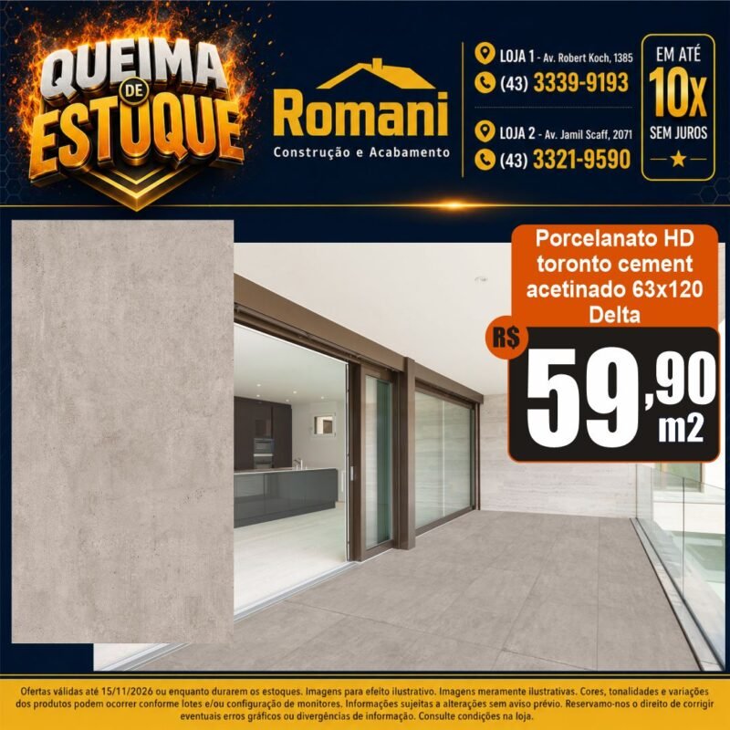 PORCELANATO ACETINADO RET 63X120 TORONTO CEMENT DELTA (2,25)*