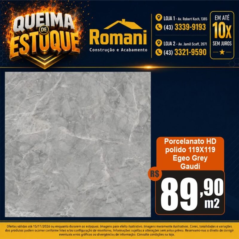 PORCELANATO EGEO GREY POLIDO RET. 119X119 GAUDI (2,83)