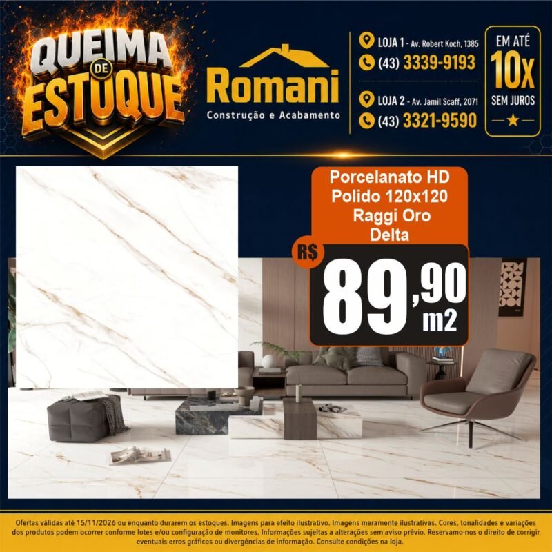 PORCELANATO POLIDO RAGGI ORO 120X120 DELTA NOVA (2,88)
