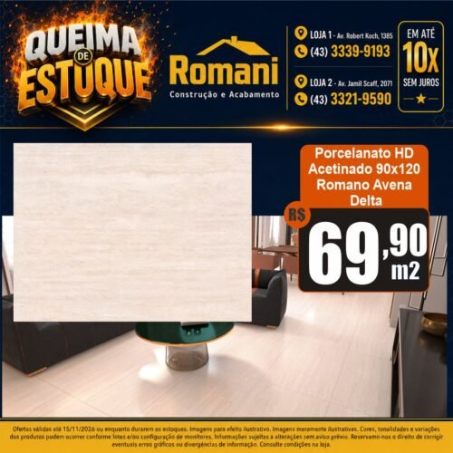 PORCELANATO ROMANO AVENA ACETIANDO 90X120 DELTA NOVA (3,24)
