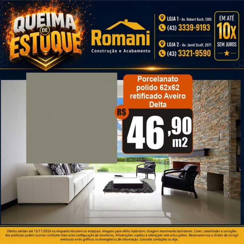 PORCELANATO POLIDO RETIFICADO AVEIRO 62X62 POLIDO DELTA (2,66)