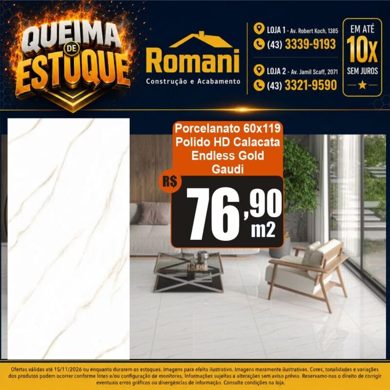 PORCELANATO CALACATA GOLD ENDLESS POLIDO RT 60X119 GAUDI (2,15) VEIO INFINITO