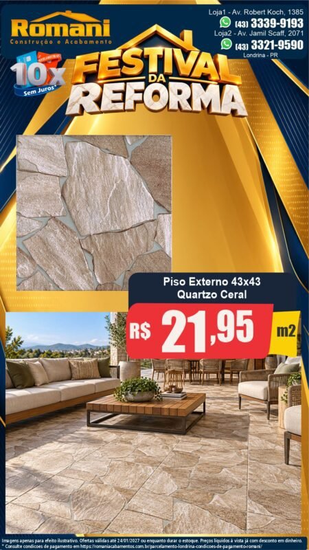 Stories Piso Quartzo 43x43 Ceral R$ 21,95/m² — Festival da Reforma Romani
