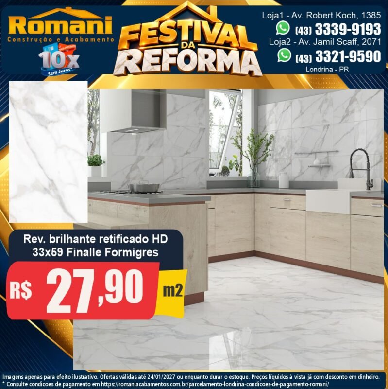 Revestimento Finalle brilhante retificado HD 33x59 Formigres por R$ 27,90/m² — Festival da Reforma Romani, Londrina