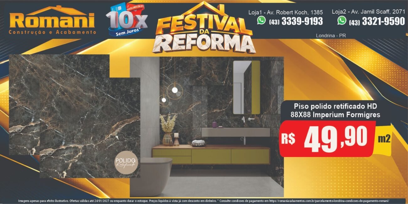 Banner horizontal Piso Imperium Dark polido 88x88 Formigres R$ 49,90/m² — Festival da Reforma Romani