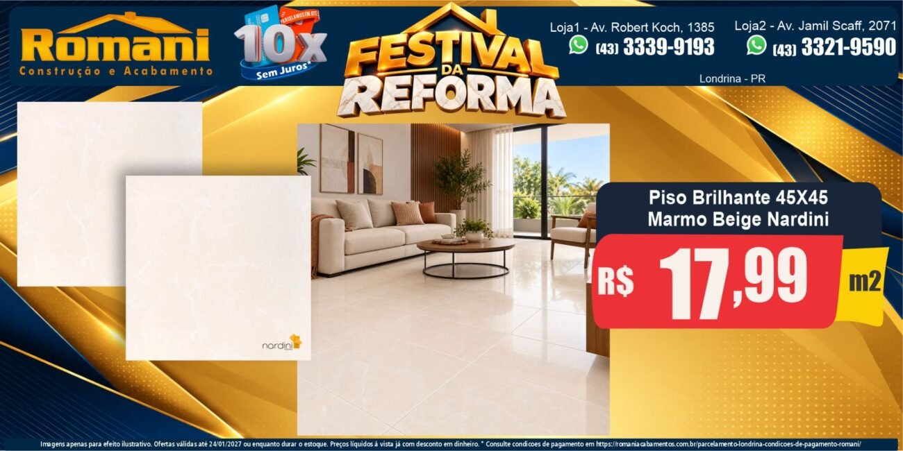 Banner horizontal Piso Marmo Beige 45x45 Nardini R$ 17,99/m² — Festival da Reforma Romani
