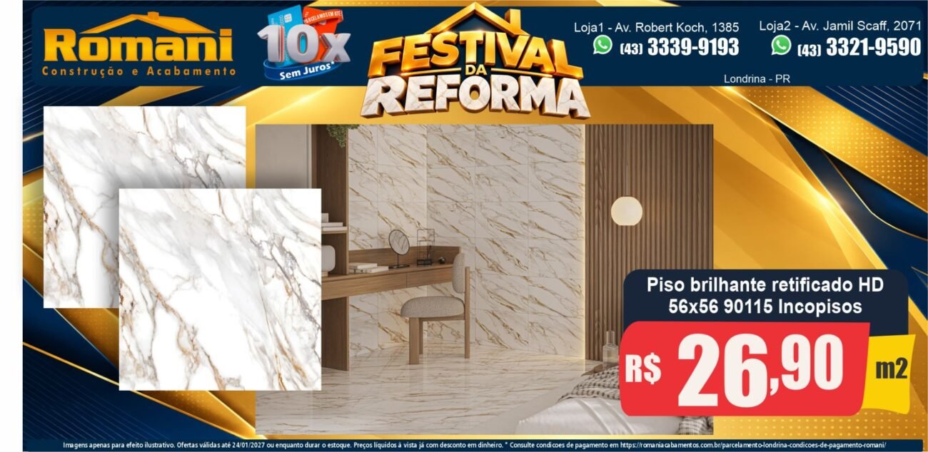 Banner horizontal Piso 90115 retificado 56x56 Incopisos R$ 26,90/m² — Festival da Reforma Romani