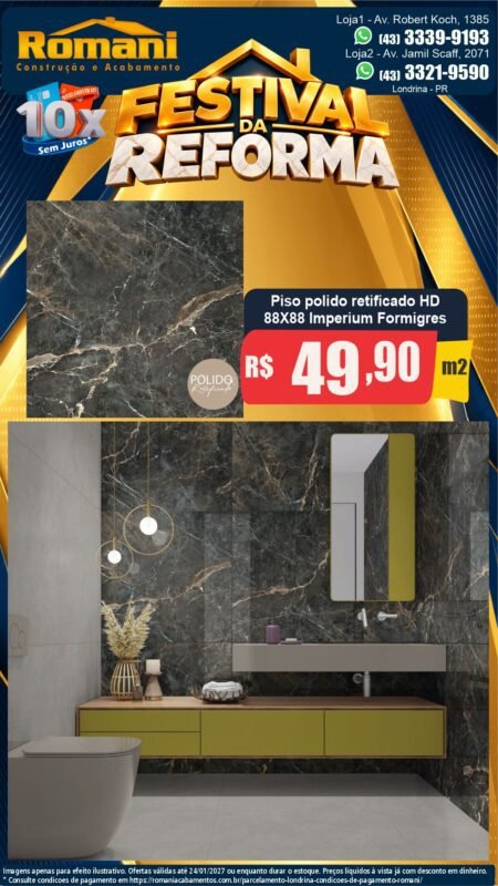 Stories Piso Imperium Dark polido 88x88 Formigres R$ 49,90/m² — Festival da Reforma Romani