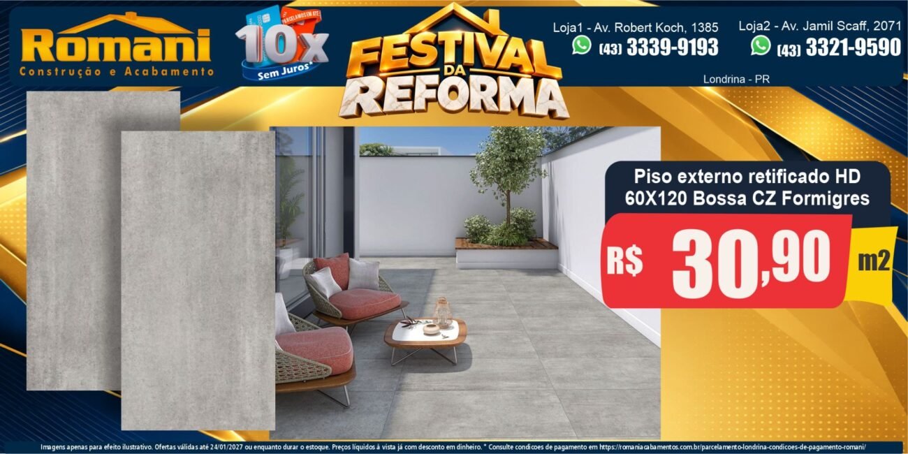 Banner horizontal Piso externo Bossa cinza granilhado 60x120 Formigres — Festival da Reforma Romani