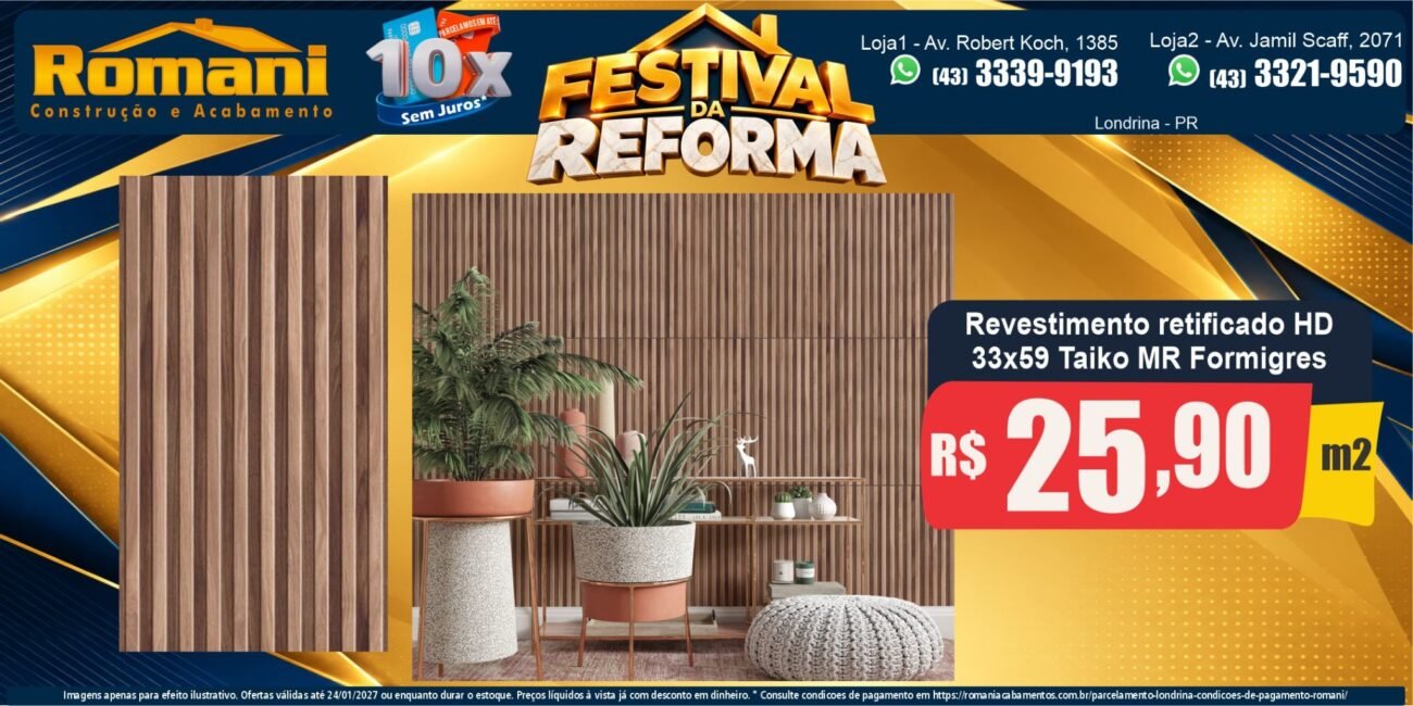 Banner horizontal Revestimento Taiko MR 33x59 Formigres — Festival da Reforma Romani