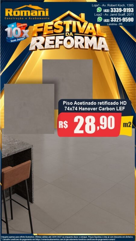 Stories Piso Hanover Carbon acetinado 74x74 LEF R$ 28,90/m² — Festival da Reforma Romani