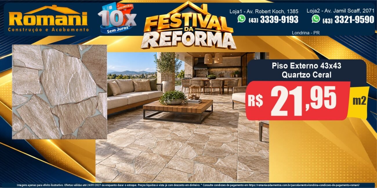 Banner horizontal Piso Quartzo 43x43 Ceral R$ 21,95/m² — Festival da Reforma Romani