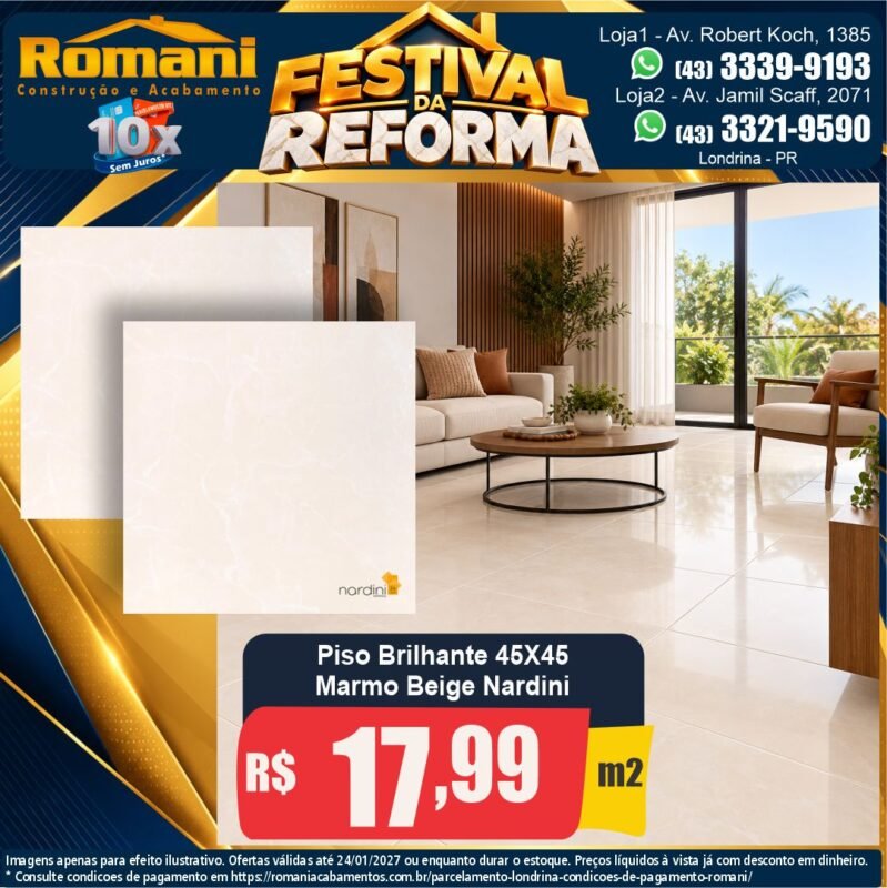 Piso Marmo Beige 45183 brilhante 45x45 Nardini por R$ 17,99/m² — Festival da Reforma Romani, Londrina