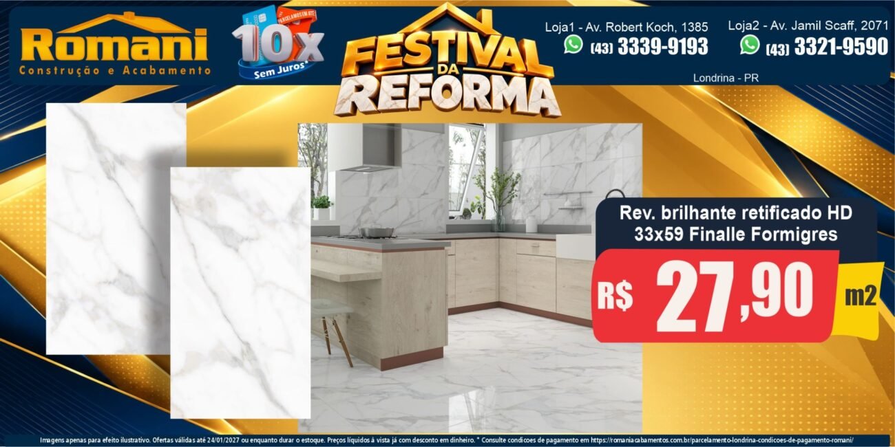 Banner horizontal Revestimento Finalle brilhante 33x59 Formigres R$ 27,90/m² — Festival da Reforma Romani