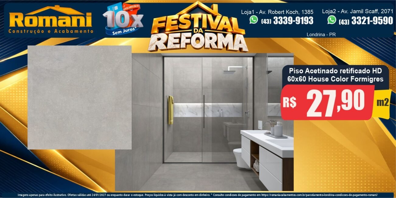 Banner horizontal Piso House Color cinza 60x60 Formigres R$ 27,90/m² — Festival da Reforma Romani