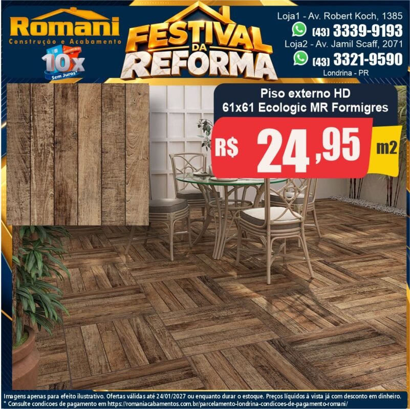 Piso externo antiderrapante HD Ecologic MR 61x61 Formigres por R$ 24,95/m² — Festival da Reforma Romani, Londrina