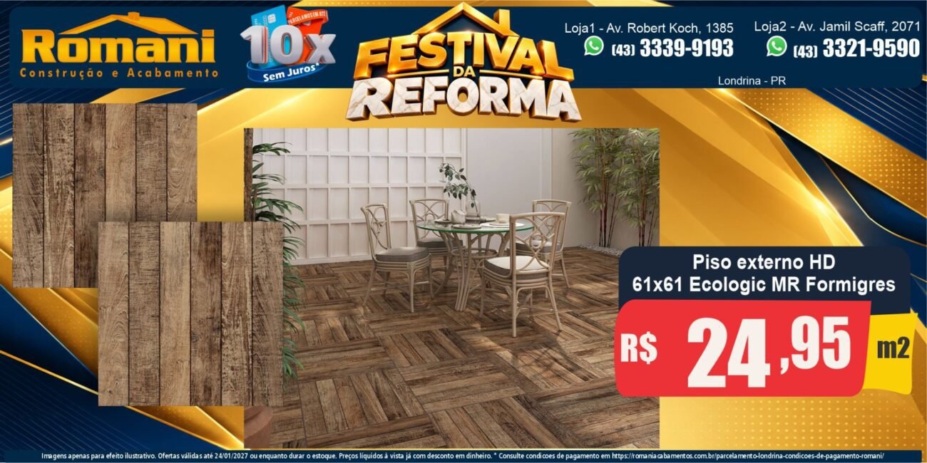 Banner horizontal Piso externo Ecologic MR 61x61 Formigres R$ 24,95/m² — Festival da Reforma Romani