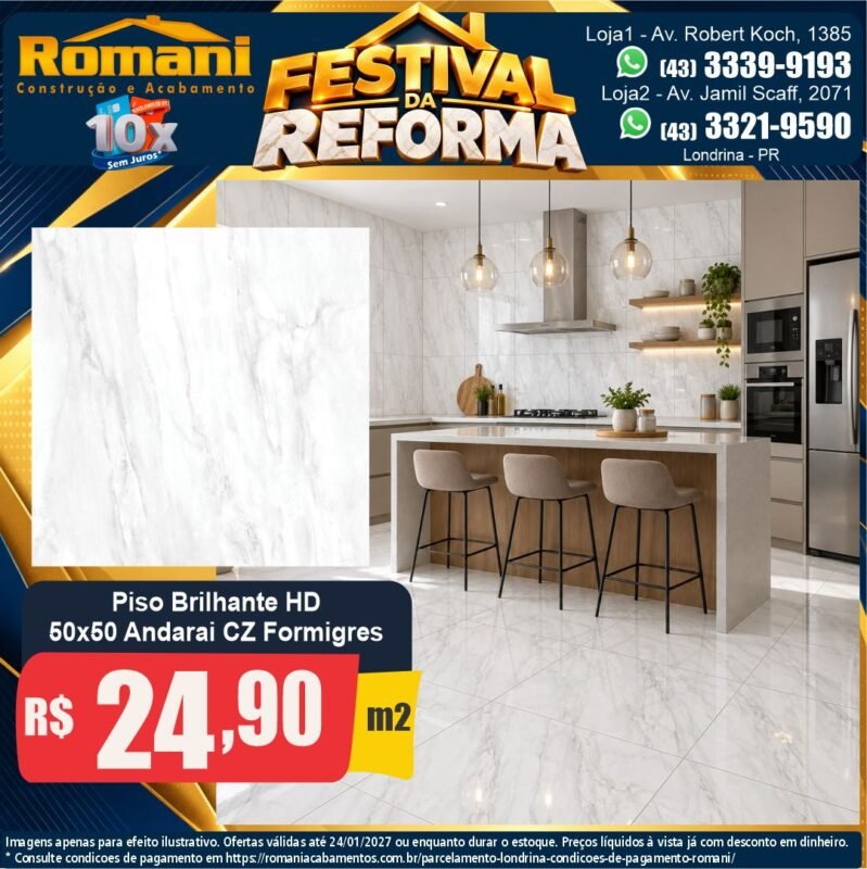 Piso Andaraí cinza 50x50 Formigres — Festival da Reforma Romani, Londrina