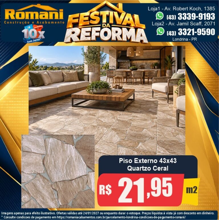 Festival da Reforma — Quartzo Ceral 43x43 · Externo antiderrapante · Externo por R$ 21,95/m²