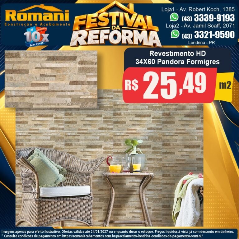 Festival da Reforma — Pandora Formigres 34x60 · Esmaltado (pedra) · Interno por R$ 25,49/m²