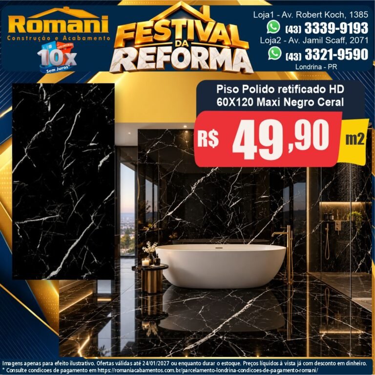 Festival da Reforma — Maxi Negro Ceral 60x120 · Polido · Interno por R$ 49,90/m²