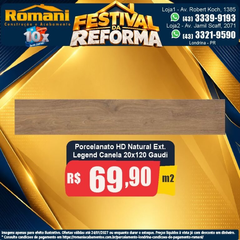 Festival da Reforma — Legend Canela Gaudi 20x120 · Externo natural · Externo por R$ 69,90/m²