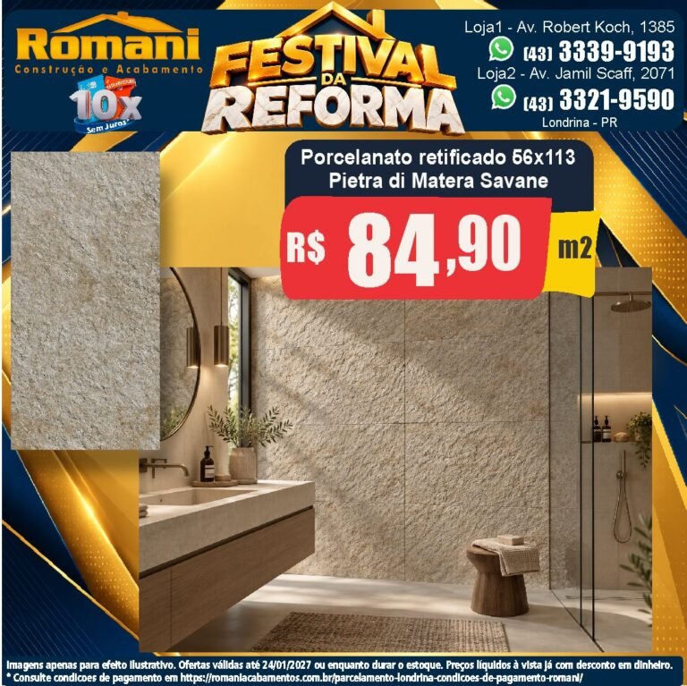Festival da Reforma — Pietra di Matera Savane 56x113 · Natural rústico · Interno por R$ 84,90/m²