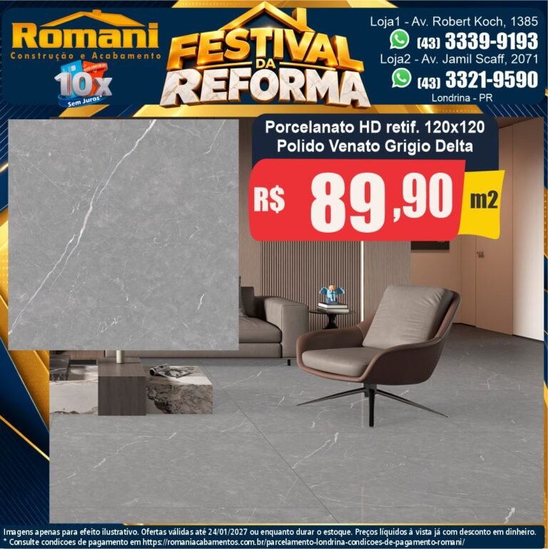 Festival da Reforma — Venato Grigio Delta 120x120 · Polido · Interno por R$ 89,90/m²