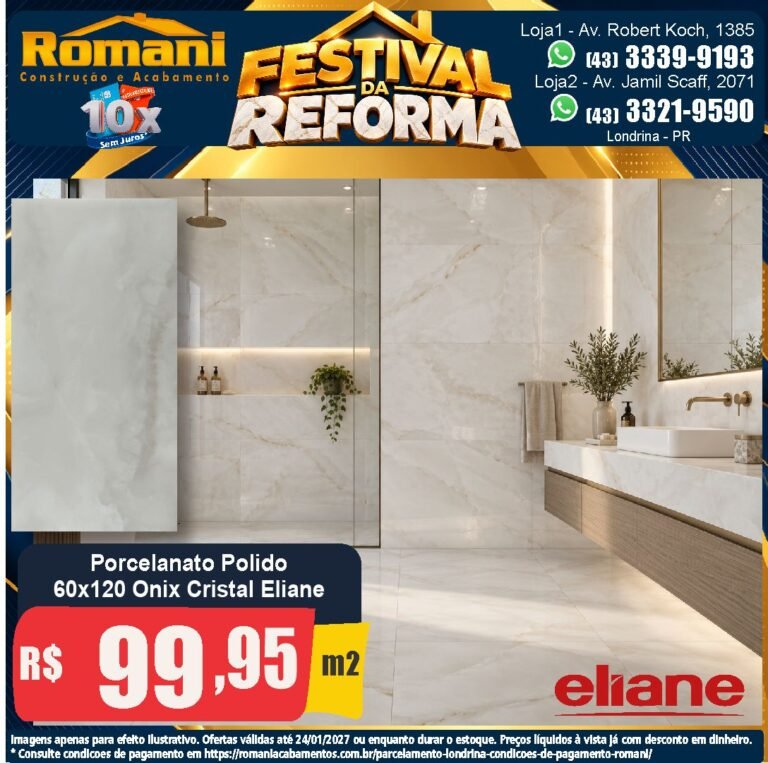 Festival da Reforma — Onix Cristal Eliane 60x120 · Polido · Interno por R$ 99,95/m²