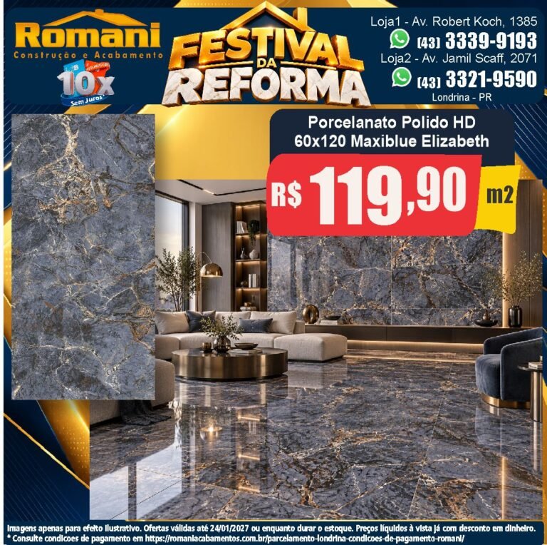 Festival da Reforma — Maxiblue Elizabeth 60x120 · Polido · Interno por R$ 119,90/m²