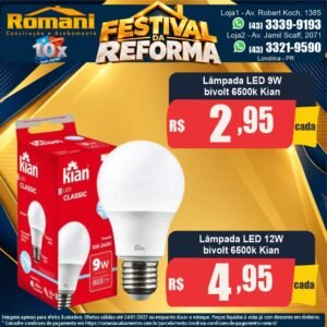 Festival da Reforma — Lâmpada LED 9W ou 12W bivolt 6500K Kian a partir de R$ 2,95