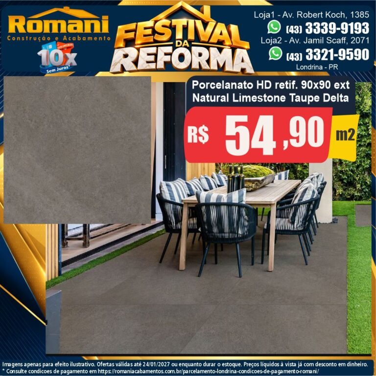 Festival da Reforma — Natura Limestone Taupe Delta 90x90 · Externo natural · Externo por R$ 54,90/m²