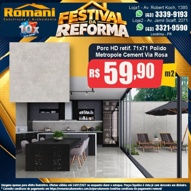 Festival da Reforma — Metropole Cement Via Rosa 71x71 · Polido · Interno por R$ 59,90/m²