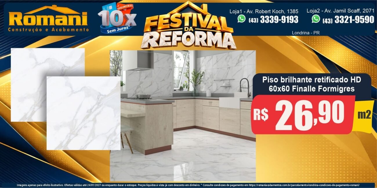 Festival da Reforma — Piso brilhante retificado HD 60x60 Finalle Formigres por R$ 26,90/m²