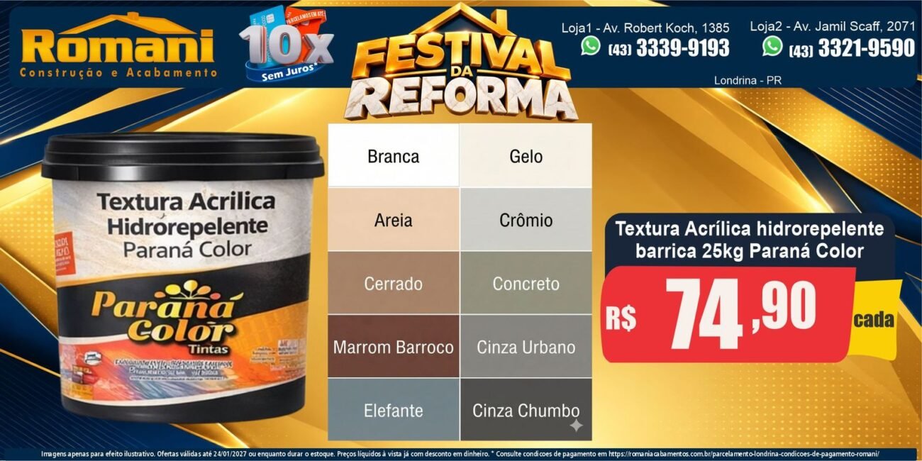 Festival da Reforma — Textura acrílica hidrorrepelente barrica 25kg Paraná Color, 10 cores, por R$ 74,90